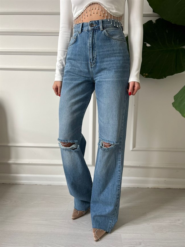 Mavi Taşlanmış Dizi Yırtık Straight Jean