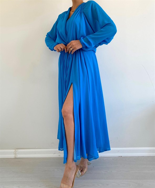 Mavi Yarasa Kol Şifon Elbise
