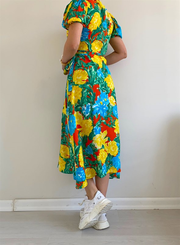 Sarı Mavi Çiçekli Belden Bağlamalı Havana Elbise