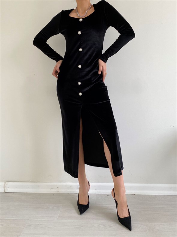 Siyah İnci Düğmeli Kadife Elbise