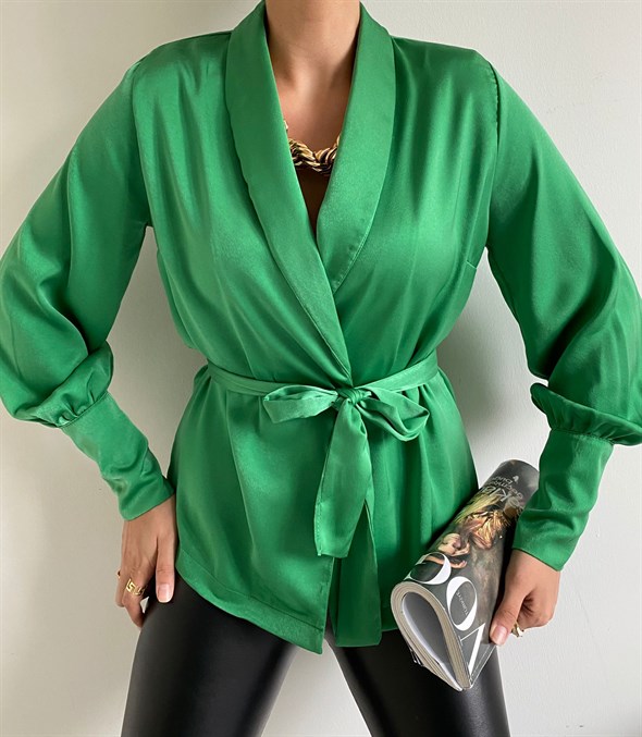 Yeşil Kol Detaylı Kuşaklı Bluz