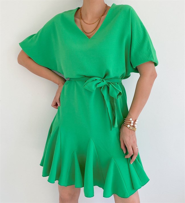 Yeşil  Eteği Volanlı Elbise
