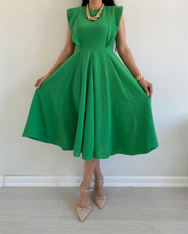 Yeşil  Eteği Volanlı Mabel Elbise
