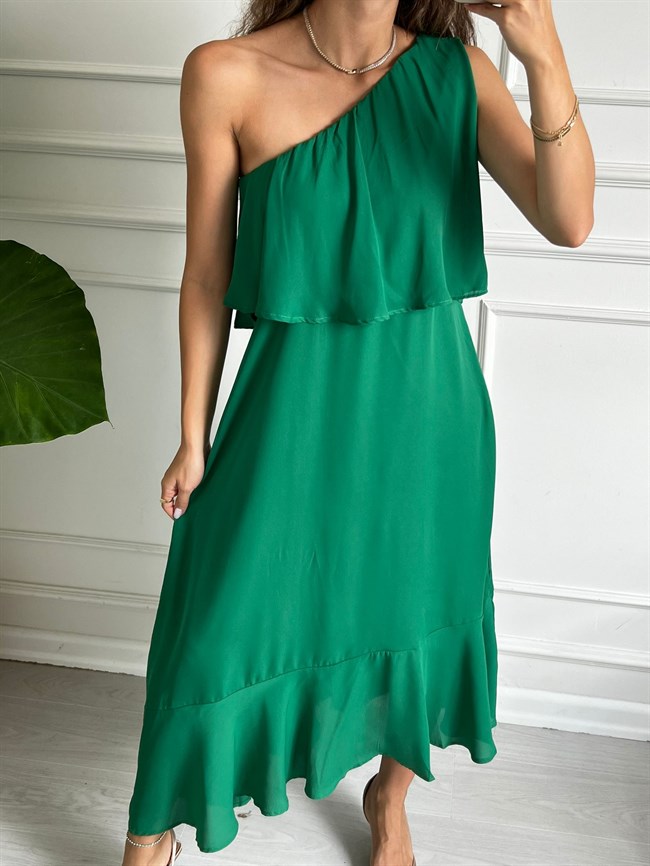 Yeşil Tek Askılı Yakası Volanlı Elbise